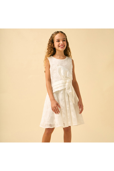 Juniors Round Neck Sleeveless Knee Length A-line Dress with Bow Accent
