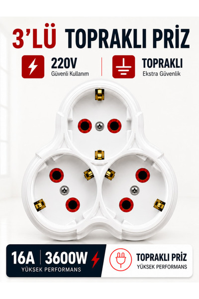 Vwin Üçlü 3’lü Topraklı Fişli Priz Golyat Kablosuz Grup Priz 220V 16A 3600W Y...