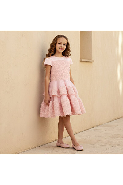 Juniors Round Neck Short Sleeves Tiered Dress with Ruffle Detail