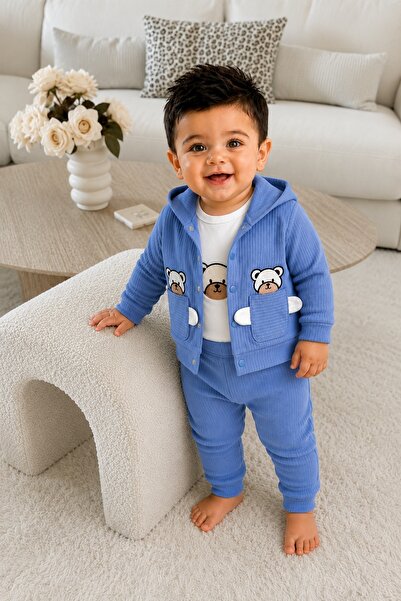 METEOR BABY Baby Boy Set - Children's Set - Hooded Teddy Bear Detailed Ribbed...