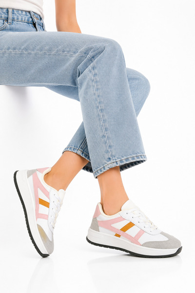 DİAMOND OUTLET Women's White Powder Pink Sneaker Sports Shoes Thick Sole Dail...
