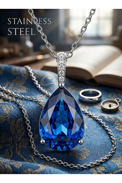 stainless steell Silver Color Navy Blue Row Stone Drop Model Steel Necklace
