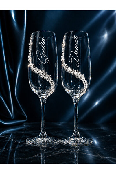 Caga Home CAGA Gelin Damat Işıltılı Kristal Parlak Taşlı 240 ml Şampanya Kade...