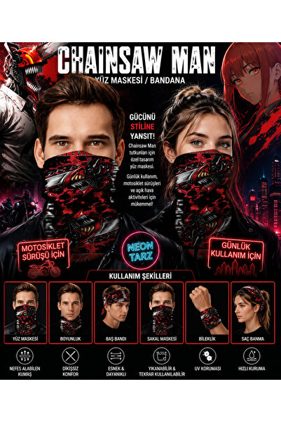 FG KONNİCHİWA Chainsaw Man Printed Bandana Anime Face Mask and Neck Gaiter an...