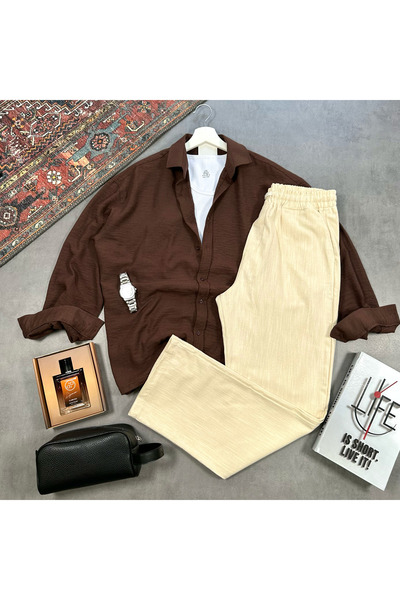 tetramoda Men's Raw Linen Shirt and Pants Set 2-Piece Set