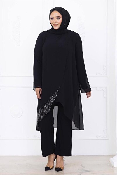 TRENDTESETTÜR KADIN SİYAH ŞİFON ABİYE PANTOLONLU TAKIM T 1389