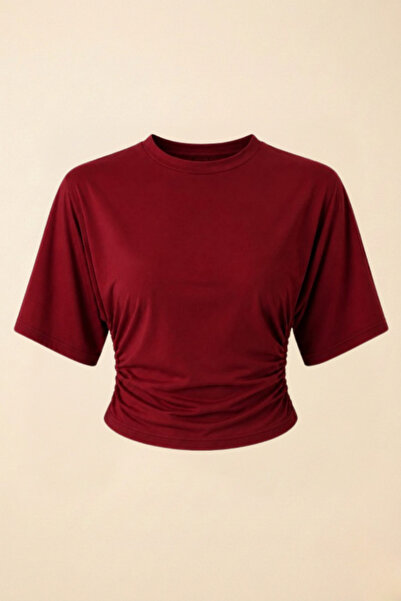Potenza Women's T-Shirt Short Batwing Sleeve Crew Neck Side Gathered Pleated ...