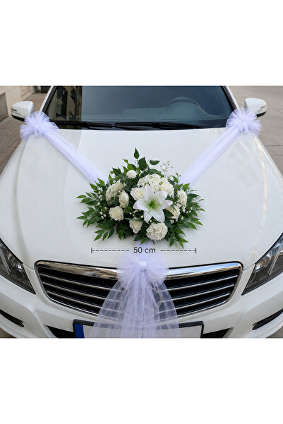 ecrella 50 cm Vantuzlu Gelin Arabası Süsü Beyaz Lilyum ve Güllü | 2 Metre Bey...