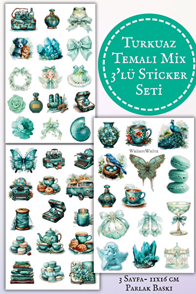 WhimsyWhite مجموعة ملصقات بتصميم تركوازي - 3 أوراق لامعة مقاس 11x16 سم - ملصق...