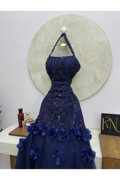 DAKEN Navy Blue 3D Beaded Evening Dress with Luxurious Tail