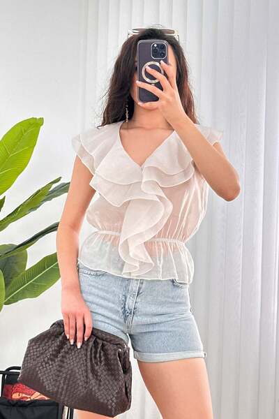 Hipo Trend Ruffled V-Neck Stone Blouse with Elastic Waist