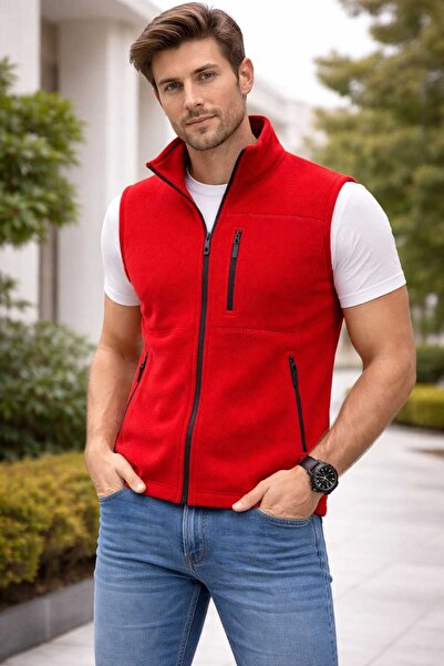 DSNM KIRMIZI POLAR YELEK 3 CEPLİ SLİM FİT ANTİ PİLLİNG TÜYLENME YAPMAZ HAVA GEÇİRMEZ SOFT SHELL POLAR YELEK