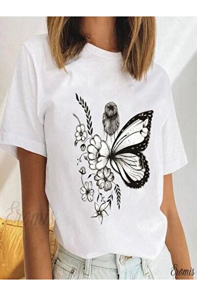 COZYWEAR Flower and Butterfly Printed White Oversize T-Shirt