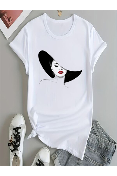COZYWEAR Printed White T-Shirt with a Woman in a Hat Figure