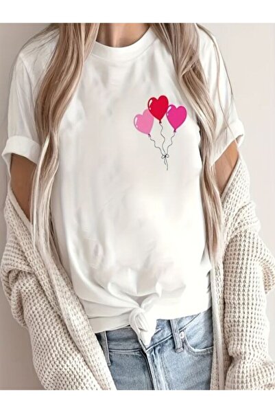 COZYWEAR Heart Balloon Printed White Oversize T-Shirt