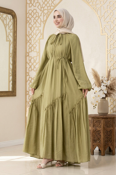 Sevitli Mira Hijab Dress with Gathered Skirt Detail - Green