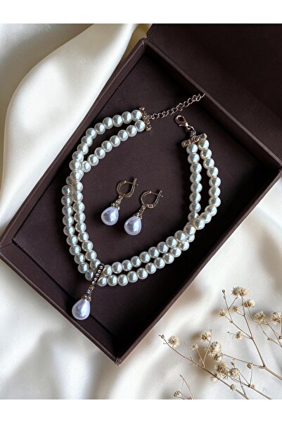 FAYRA ACCESSORIES Zirkon Taşlı Tasma Choker İnci Kolye ve İnci Küpe Seti Düğün Nikah Kına