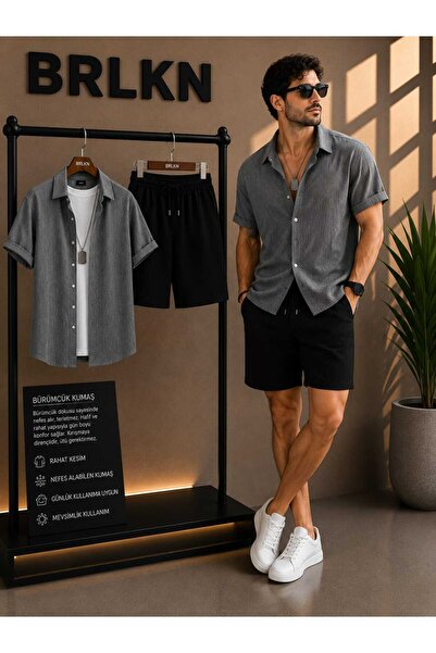 BRLKN Boyfriend Fit Waffle Fabric Alaçatı Style Unisex Wrinkled Short Sleeve ...