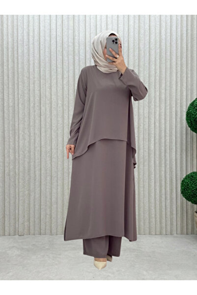 Modanurseda Sada Kadın Asimetrik Katlı Pantolonlu Tesettür Takım Büyük Beden