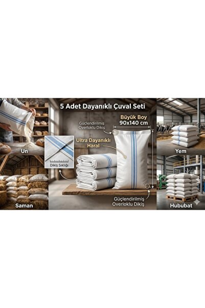 EMİRHANNALBUR Büyük Boy Overloklu Çuval 90x140 cm - Dayanıklı Haral Un Yem Sa...
