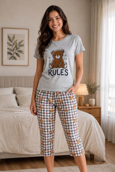 GRI MOR TEKSTIL SET DE PIJAMALE DE DAMĂ DIN BUMBAC CU MÂNECĂ SCURTĂ, TIP CAPRI