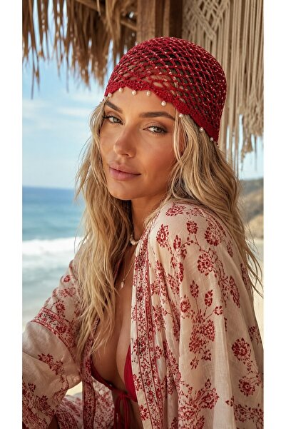 HAZAL KAYA ATELIER Red Hand Knitted Stone Fringed Mesh Hat Beanie