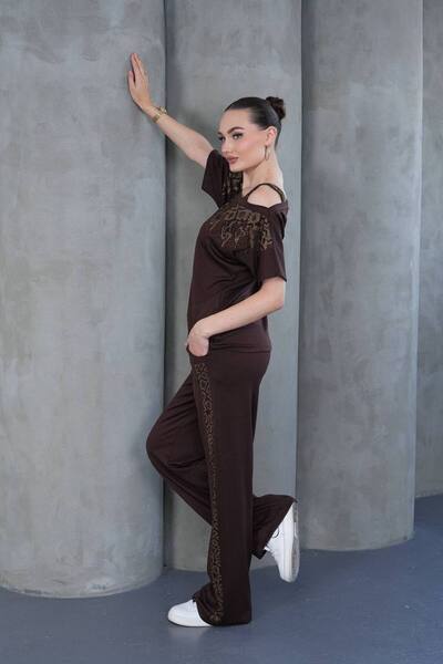 BONYVA BELLA BOUTİQUE Women's High Quality Shoulder and Stone Detailed Top and Bottom Set