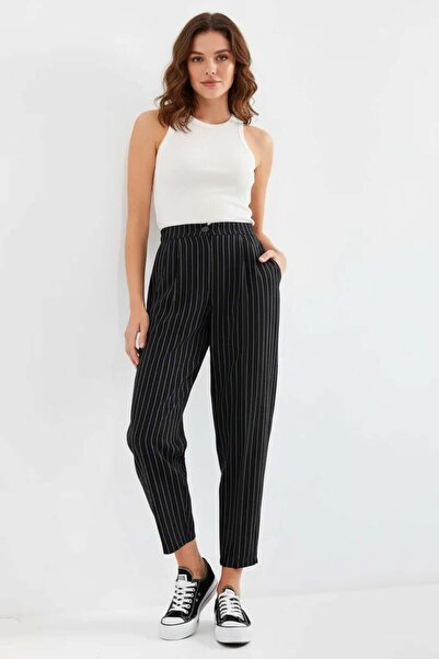 ALFA AKSESUAR 03 Women's High Waist Striped Black Trousers