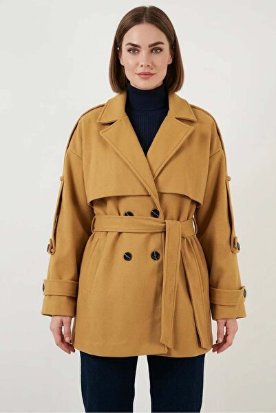 Generic Brand Women's Belted Collar Belted Oversize Cotton Mustard Coat