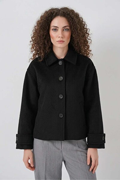 ALFA AKSESUAR 03 Women's Classic Collar Buttoned Cashmere Black Jacket
