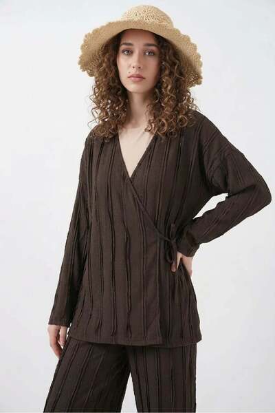 ALFA AKSESUAR 03 Women's V-Neck Vertical Striped Brown Double Suit