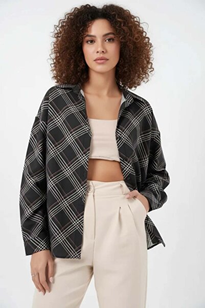 Generic Brand Women's Checkered Pattern Oversize Viscose Black Shirt