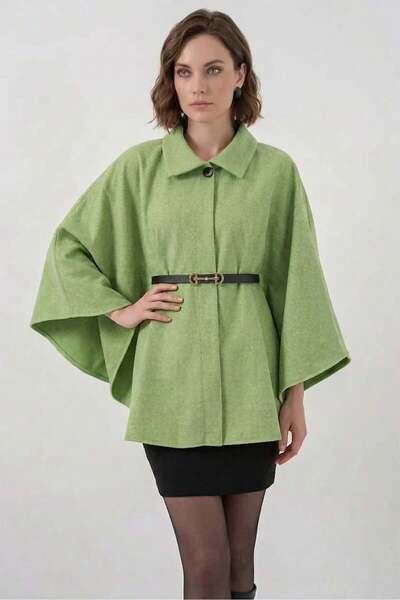 Generic Brand Women's Shirt Collar Belted Cotton Green Poncho