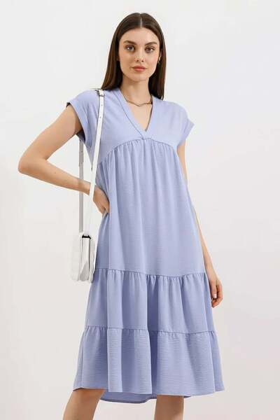 Generic Brand Women's V-Neck Gathered Waist Flounce Blue Dress