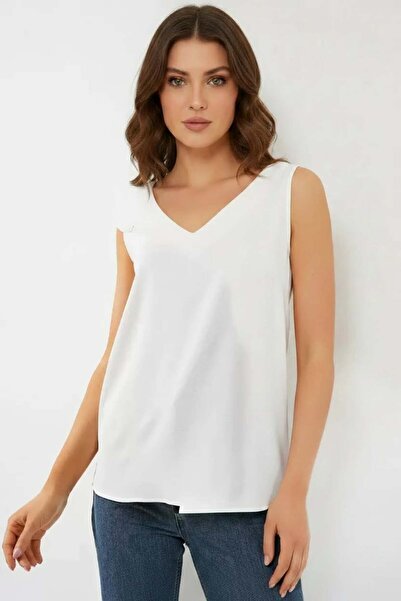 Generic Brand Women's V Neck Zero Sleeve White Blouse