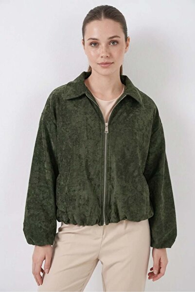 ALFA AKSESUAR 03 Women's Shirt Collar Gathered Oversize Velvet Khaki Jacket