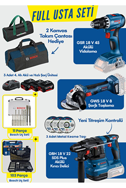Bosch 3 Lü Set GBH 18 V 22 + GWS 18 V8 + GSR 18 V 45 Şarjlı Darbeli Vidalama ...
