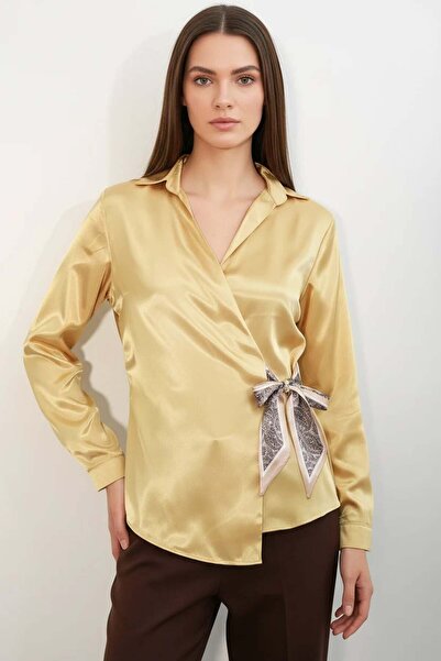ALFA AKSESUAR 03 Women's Double-Breasted Belted Satin Gold Yellow Shirt