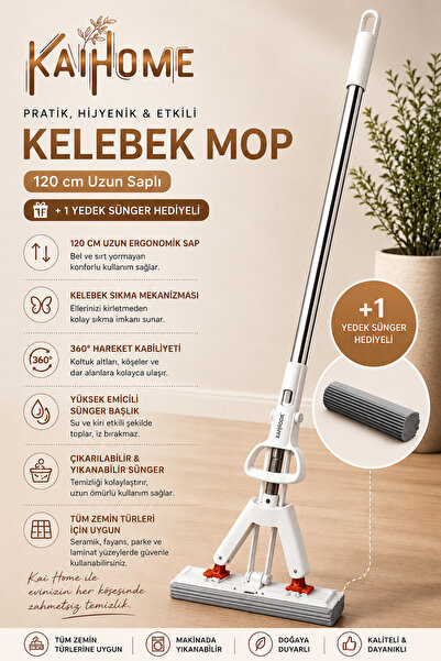 KaiHome Kelebek Mop Paspas 120 cm Uzun Saplı Sıkmalı Sünger Mop + 1 Yedek Sün...