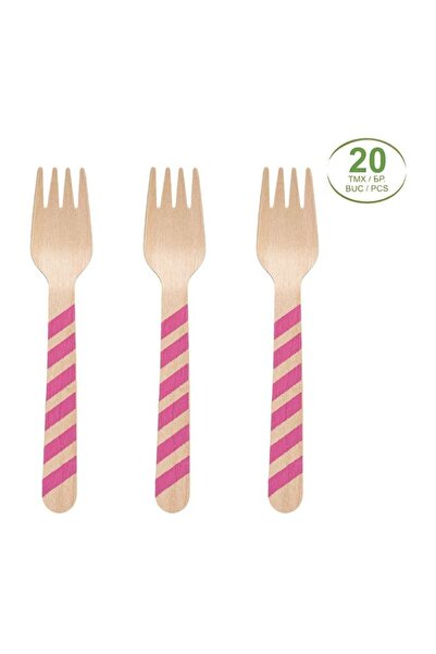 OEM Furculițe din Lemn cu Mâner Fucsia Dungat 16 cm, Set 20 buc, pentru Servi...