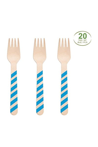 OEM Furculițe din Lemn cu Mâner Bleu Dungat 16 cm, Set 20 buc, pentru Petreceri