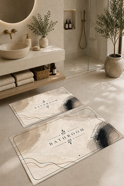 Digital Printed Bath Mat with Washable Anti-Slip Base Modern Bath Rug Double Bath Mat