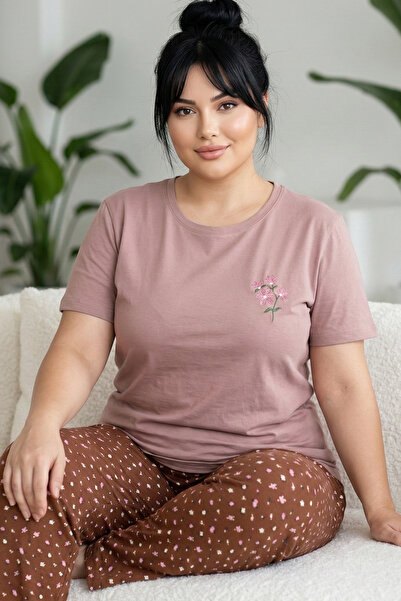 Siyah İnci desenli Pamuklu Büyük Beden Battal Boy Örme Pijama Takım