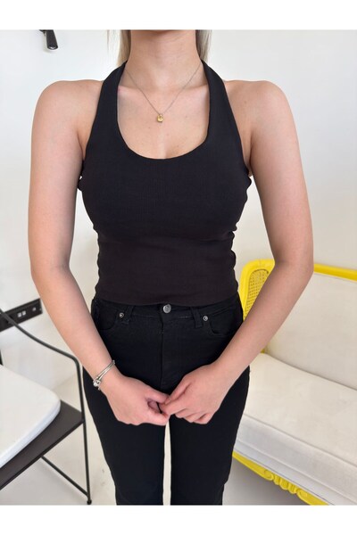 Bade Butik Black Backless Ribbed Blouse