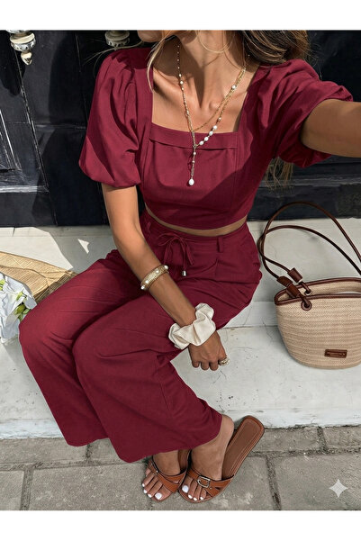 ladyzey kadın bordo kare yaka balon kol crop bluz ve bol paça pantolon takımı