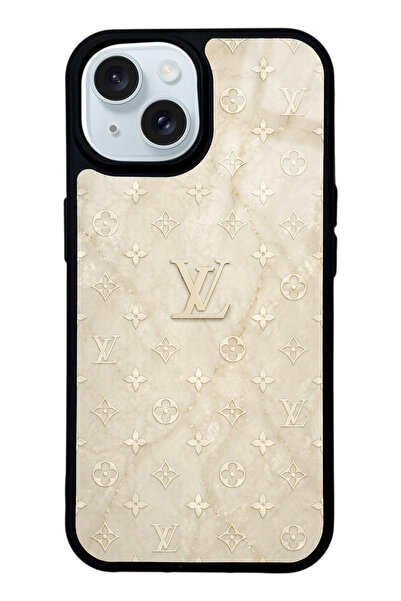 Spoyi iPhone 15 Krem Gold LV Tasarımlı Glossy Telefon Kılıfı