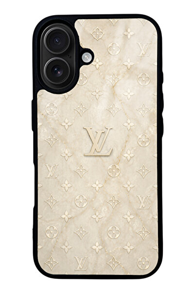 Spoyi iPhone 16 Krem Gold LV Tasarımlı Glossy Telefon Kılıfı