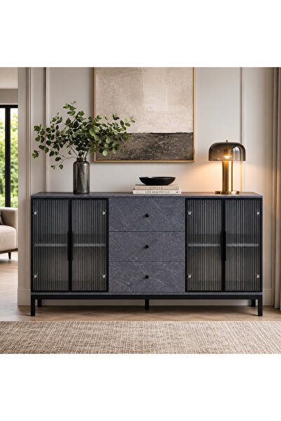 N.zone Modern Luxury Black Marble Design Buffet Cabinet with Striped Glass Do...