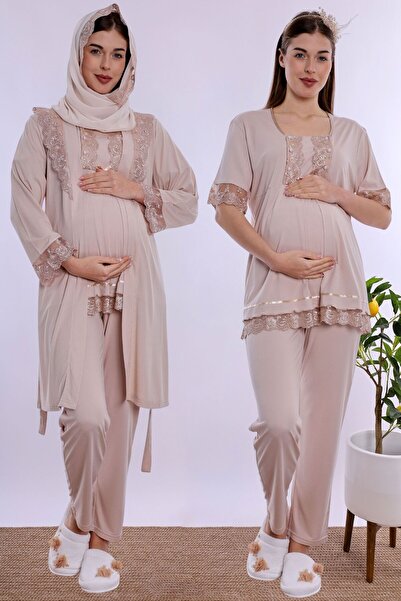 ByLohusa Effortt - Beige Maternity Pajama Set with Comfortable Cut, Breastfee...