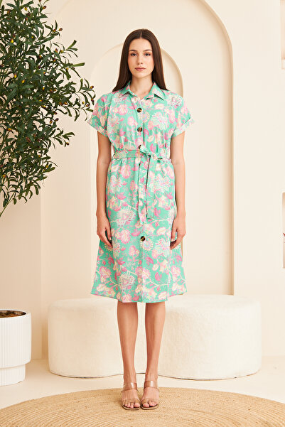 Si&Su Women's Patterned Belted Short Sleeve Shirt Dress